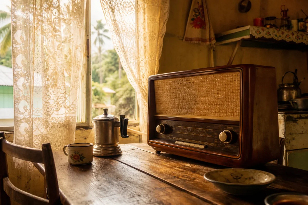 Un radio antiguo sobre una mesa de cocina con luz cálida entrando por la ventana