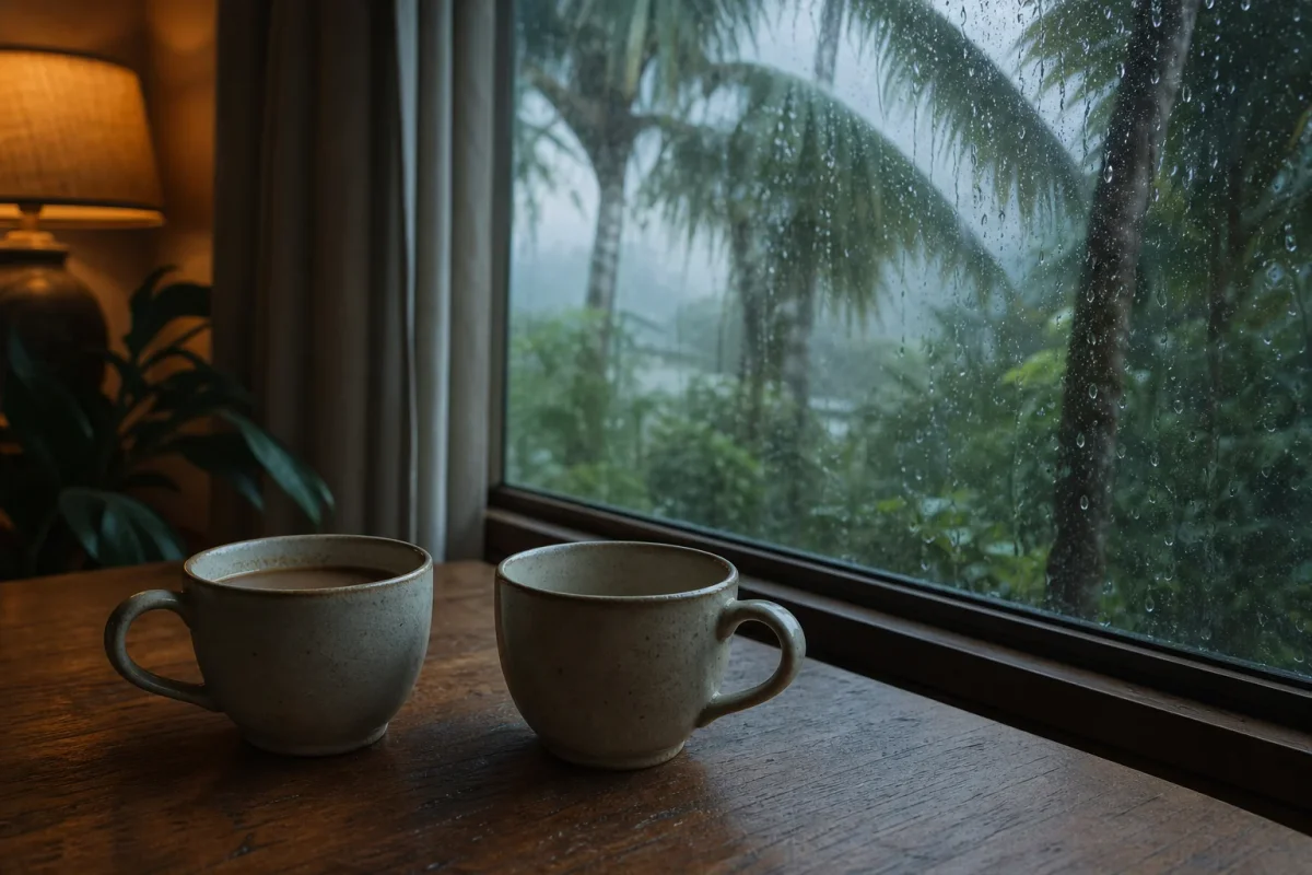 Dos tazas de café sobre una mesa junto a una ventana con lluvia