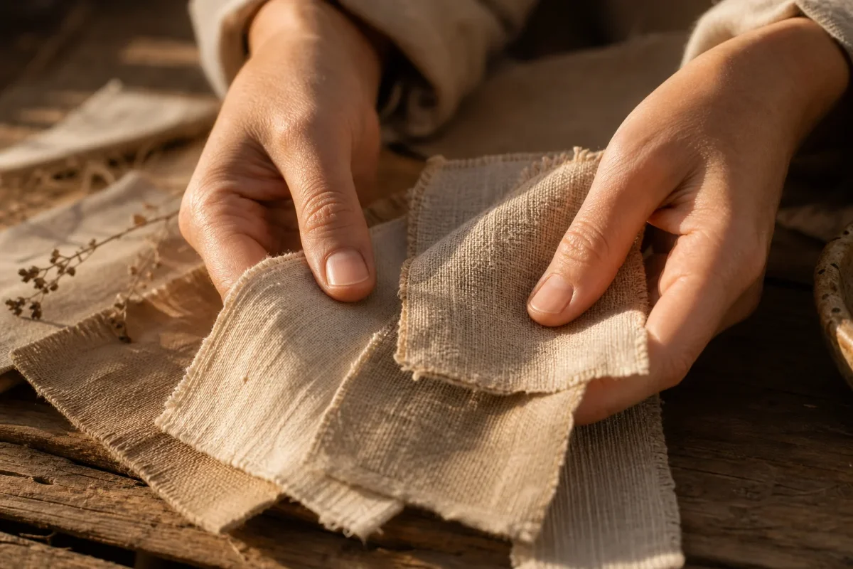 Manos sosteniendo muestras de telas en tonos beige y crema bajo luz cálida