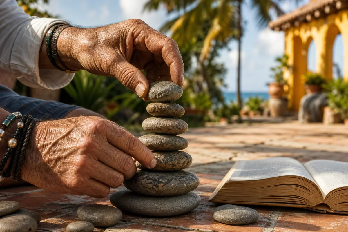 Manos apilando piedras lisas en equilibrio junto a un libro abierto en un patio caribeño