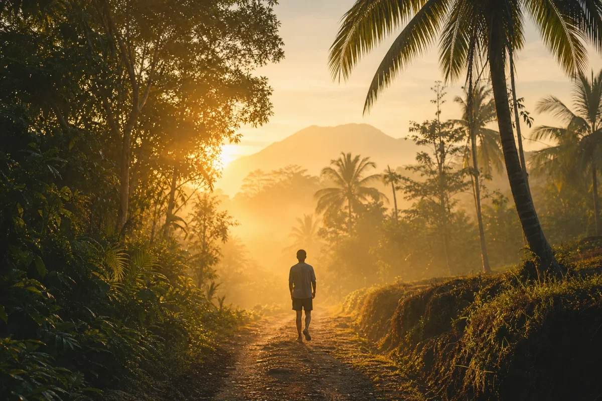 Camino de tierra al amanecer con una persona caminando sola entre árboles tropicales y luz dorada