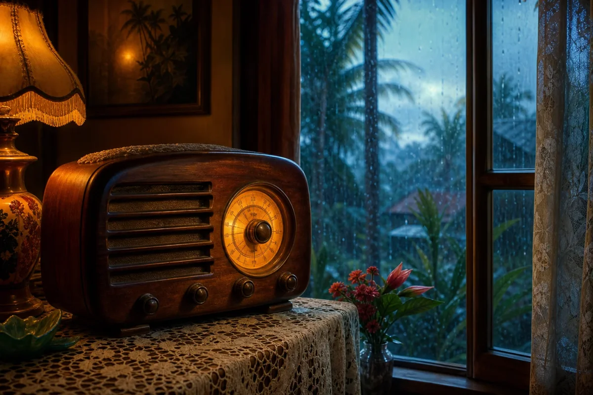 Un radio antiguo sobre una mesa junto a una ventana con lluvia