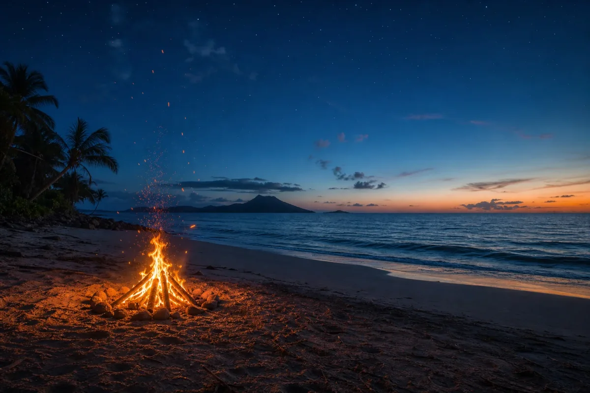 Una fogata encendida en una playa al anochecer