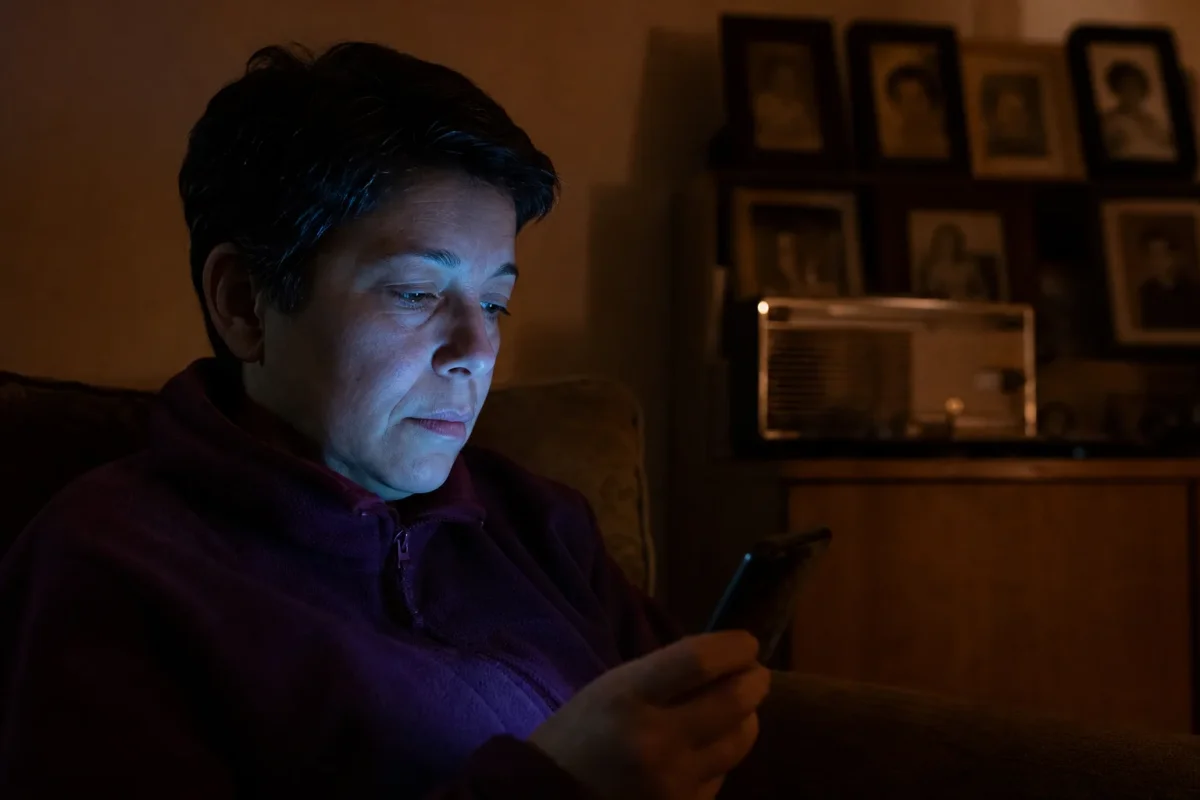 Persona mirando el teléfono de noche con la pantalla iluminando su rostro en una sala en penumbra