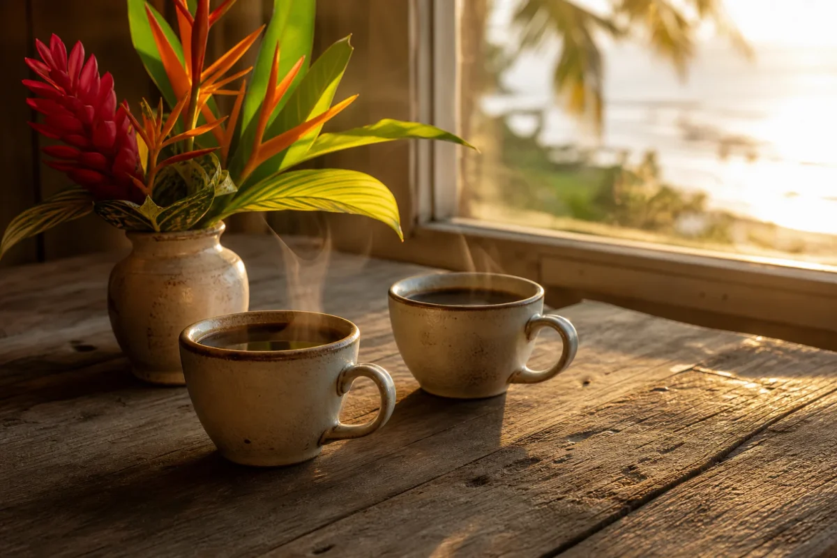 Dos tazas de café sobre una mesa de madera al amanecer junto a una ventana