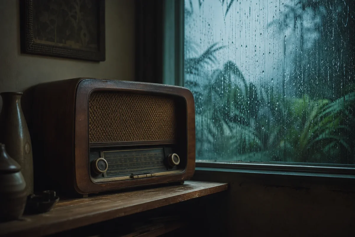 Radio antigua sobre una repisa junto a una ventana con lluvia cayendo afuera