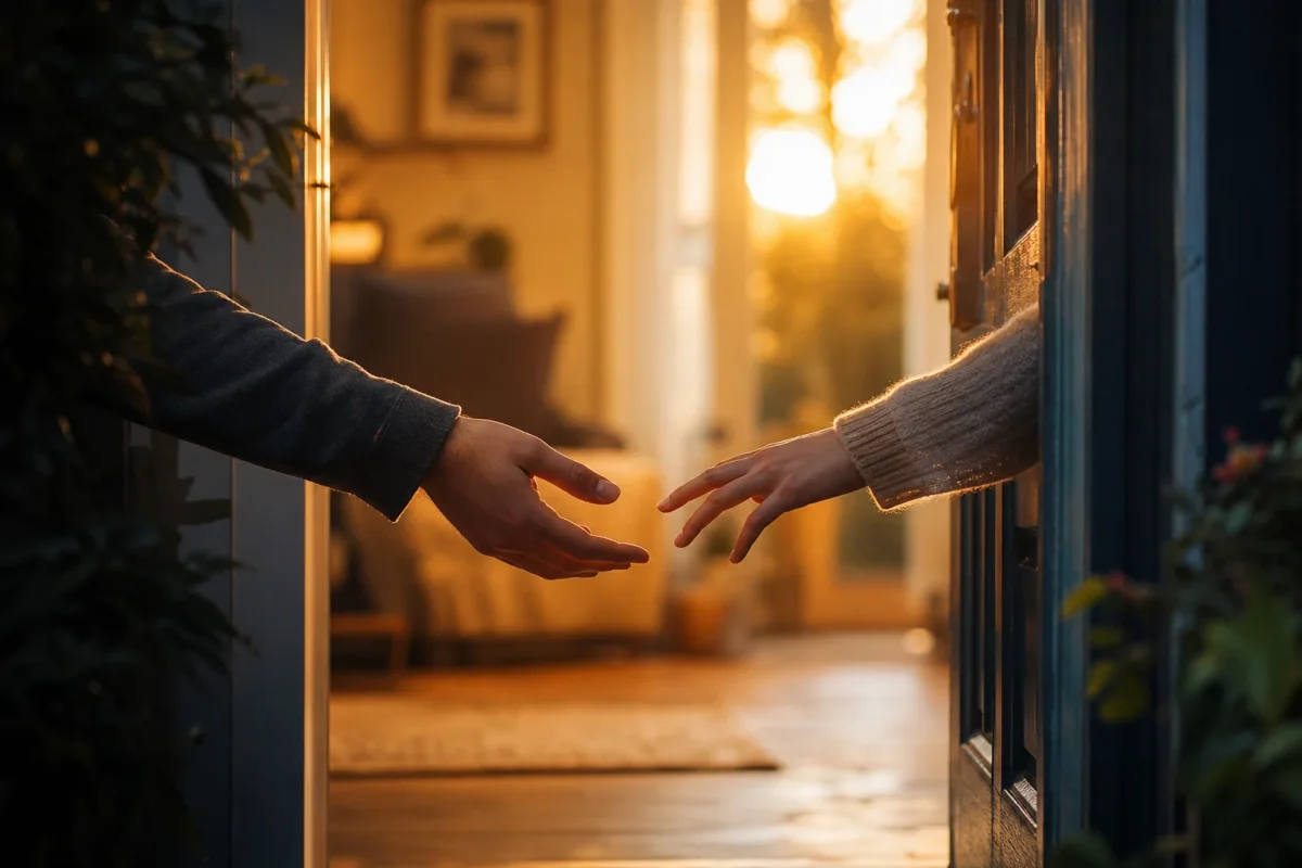 Dos manos casi tocándose en el umbral de una puerta bañada en luz cálida