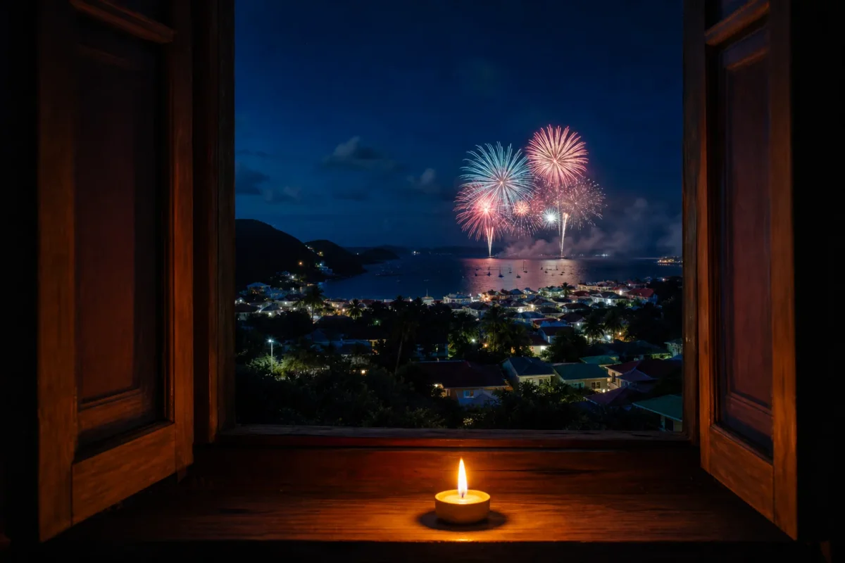 Fuegos artificiales lejanos vistos desde una ventana donde arde una vela pequeña