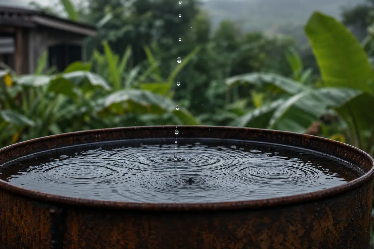 Gotas de lluvia cayendo con constancia dentro de un barril de metal en un patio tropical