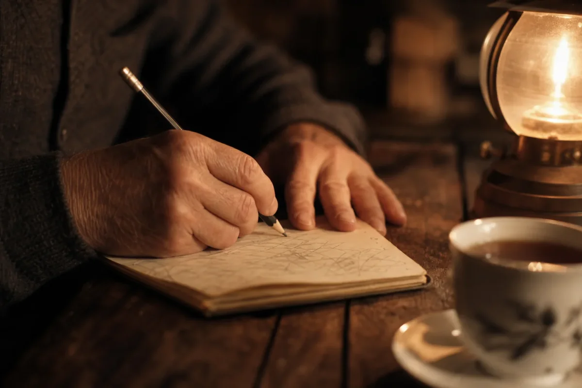 Manos escribiendo en una libreta pequeña bajo la luz cálida de una lámpara de noche