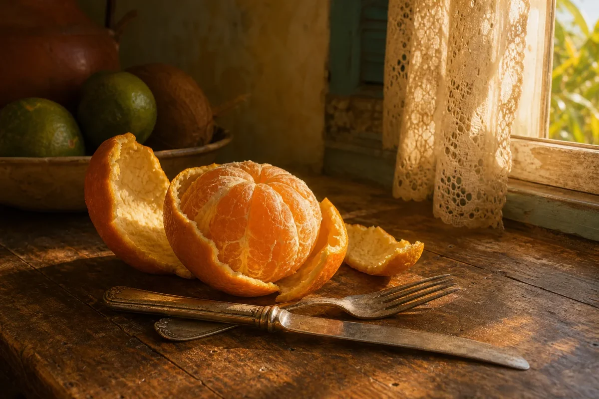 Una naranja a medio pelar sobre una mesa de madera junto a un cuchillo