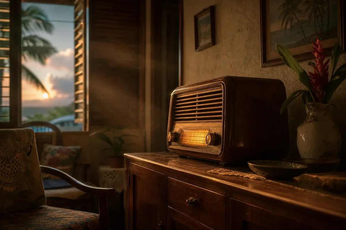 Un radio antiguo de tubos sobre un mueble de madera con luz cálida entrando por la ventana