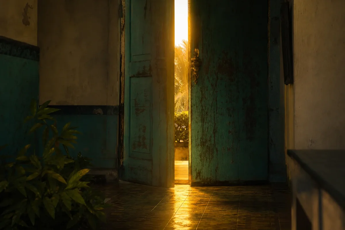 Una puerta de madera entreabierta con luz dorada entrando a una habitación en penumbra