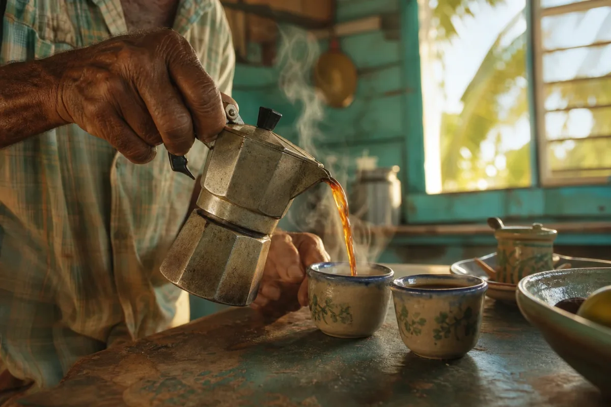 Manos sirviendo café lentamente de una cafetera antigua en una cocina caribeña iluminada por la tarde