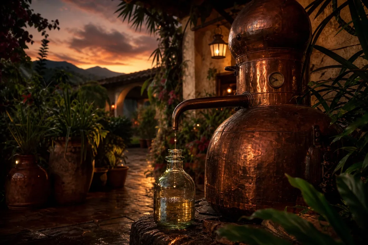 Un viejo alambique de cobre destilando gota a gota en un patio rural al atardecer