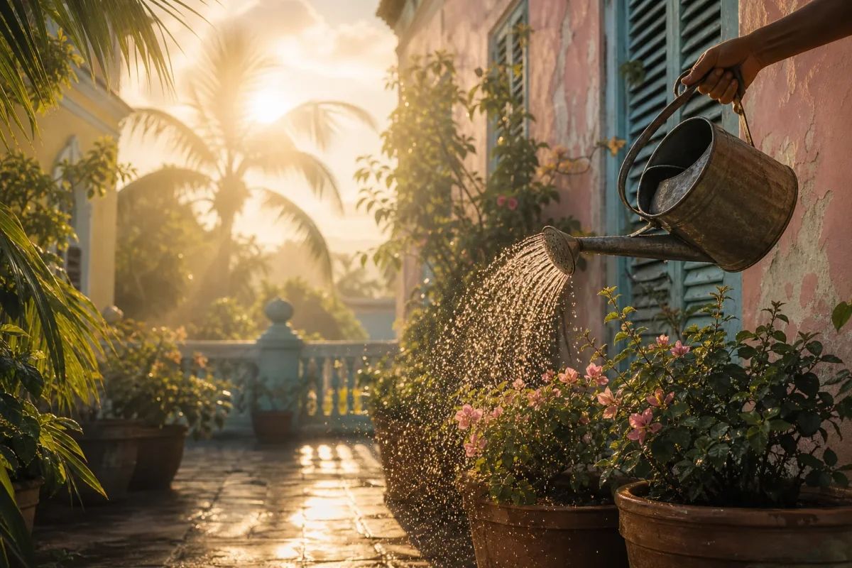 Una lata de regar vierte agua suavemente sobre plantas en macetas al amanecer en un patio tropical
