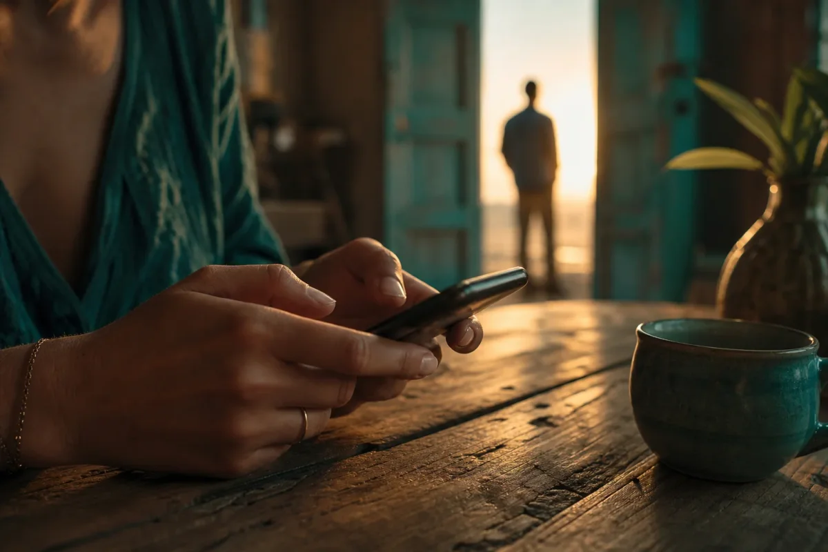 Manos escribiendo en un teléfono mientras al fondo una silueta espera en la puerta