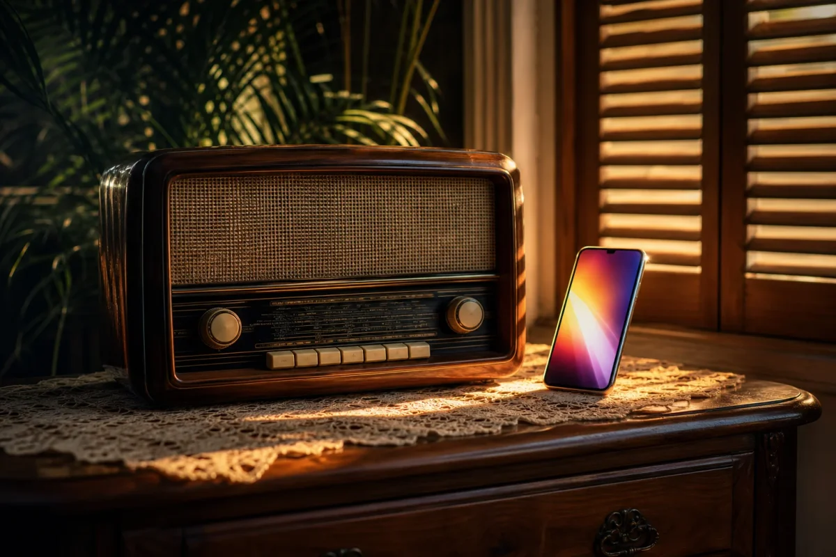 Un radio antiguo y un teléfono moderno frente a frente sobre un mueble