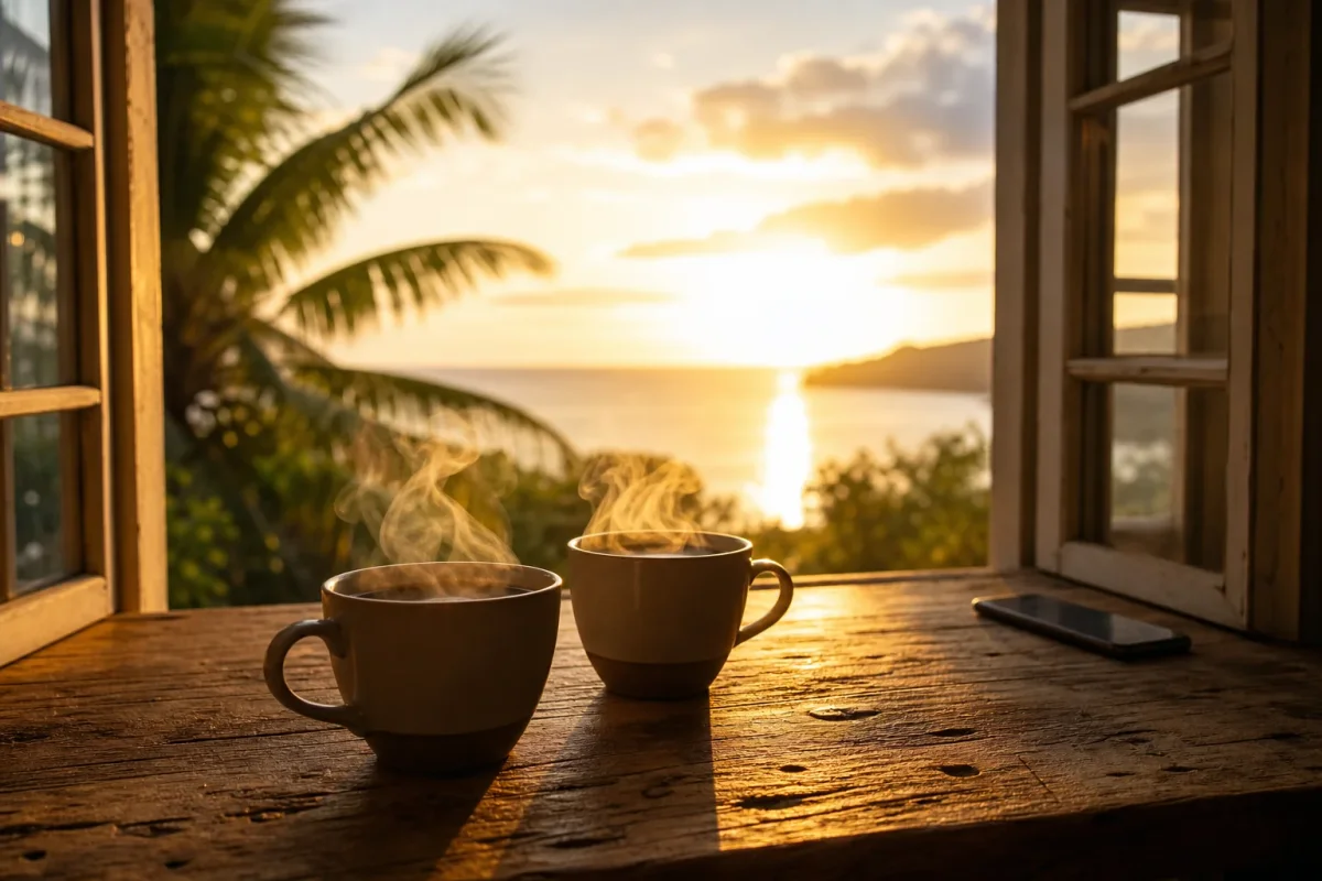 Dos tazas de café humeante en una mesa junto a una ventana con luz de amanecer