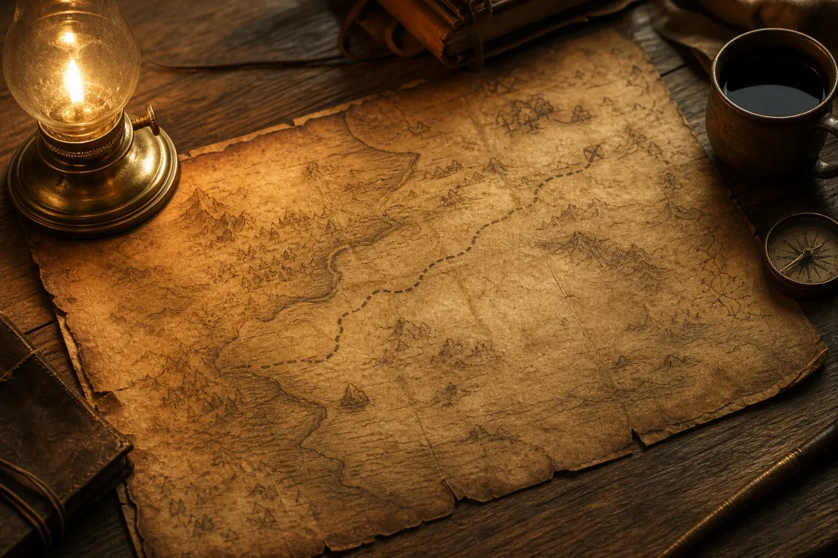 Un mapa antiguo sobre una mesa con un camino que se desvanece antes de llegar a destino