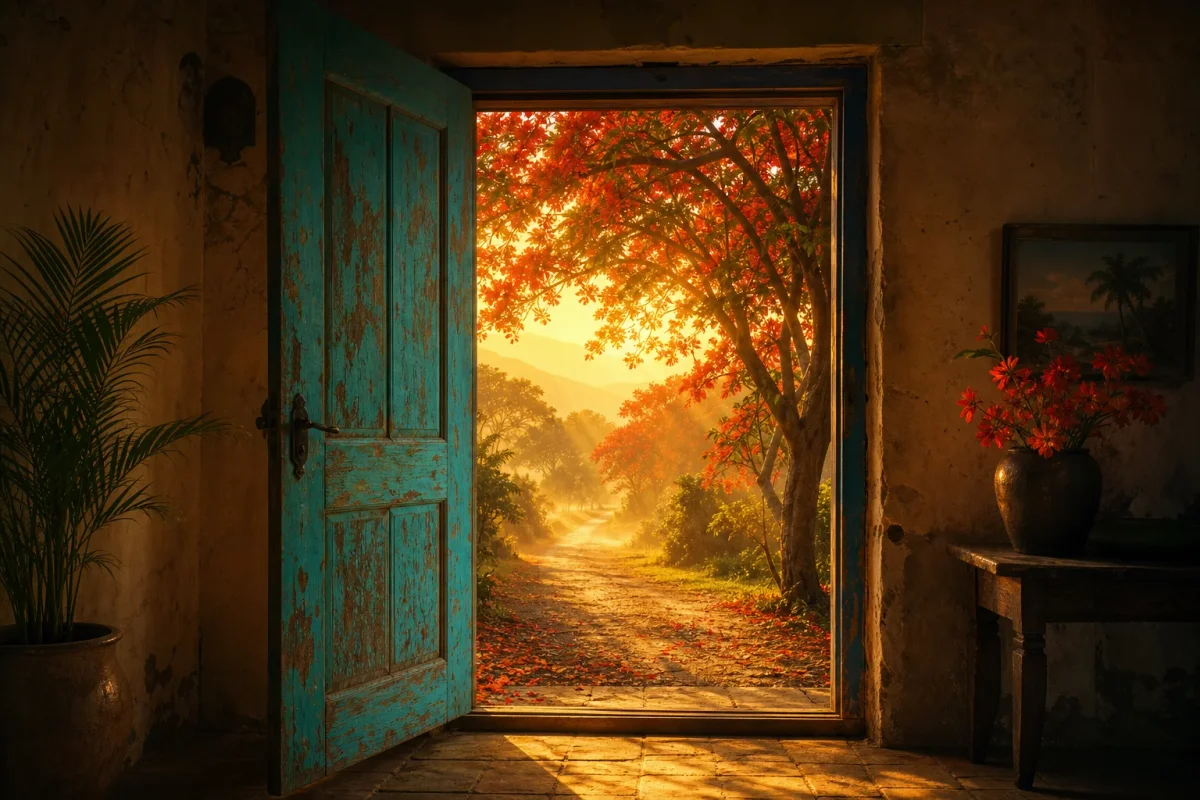 Una puerta de madera abierta hacia un camino luminoso al amanecer