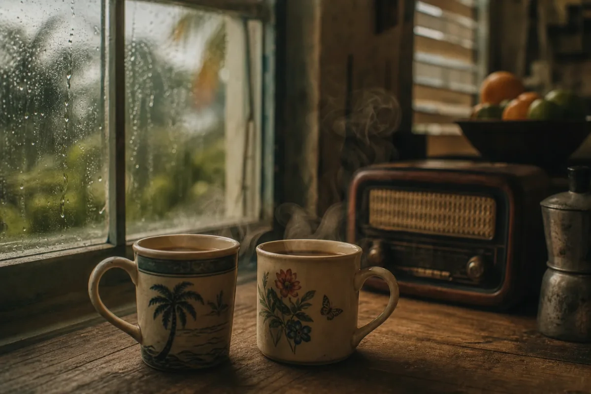 Dos tazas de café sobre una mesa de madera junto a una ventana con lluvia
