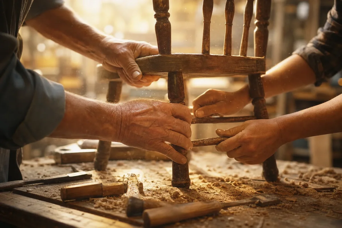 Manos de dos personas reparando juntas una silla de madera antigua