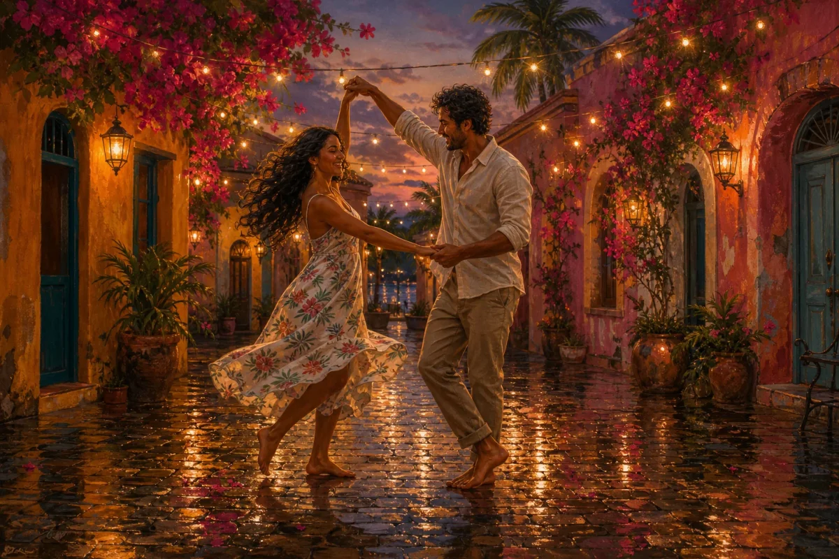 Pareja bailando descalza en un patio bajo luces cálidas al anochecer