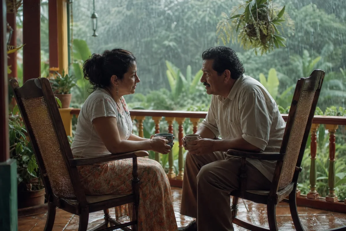 Pareja conversando en un balcón mientras cae la lluvia tropical
