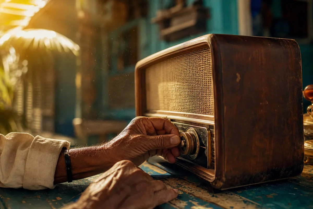 Manos girando el dial de una radio antigua con luz dorada