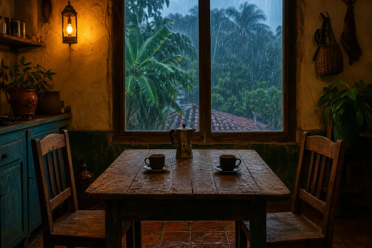 Dos sillas vacías frente a frente en una cocina cálida mientras llueve tras la ventana