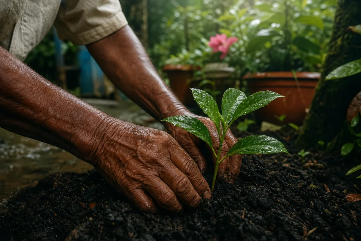 Manos de una persona mayor sembrando una pequeña planta en un patio tropical, sin nadie mirando