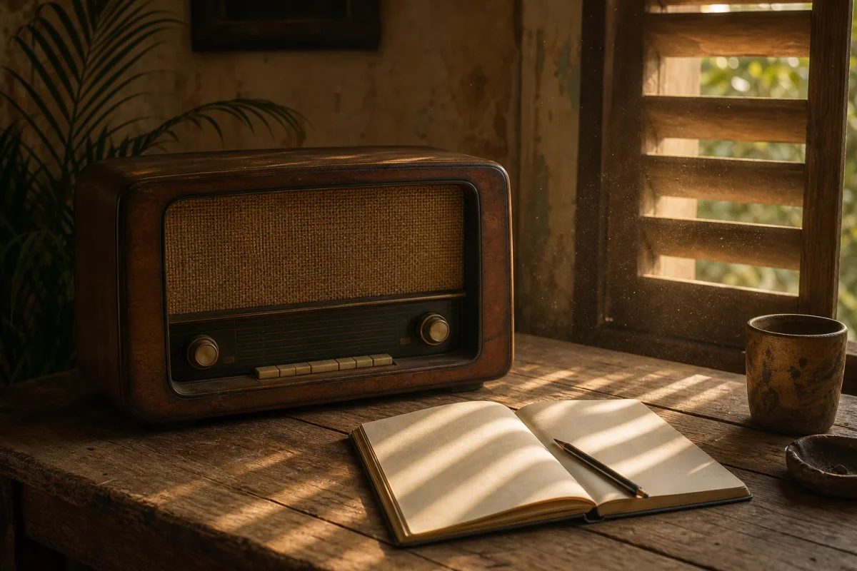 Un radio antiguo apagado sobre una mesa de madera junto a un cuaderno abierto