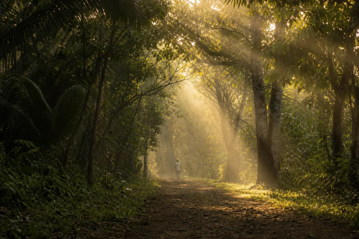 Un sendero de tierra entre árboles tropicales con luz filtrada al amanecer