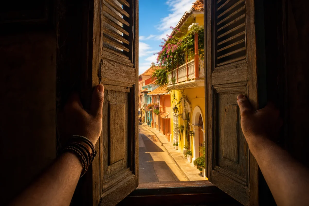 Manos abriendo una ventana de madera hacia una calle iluminada por el sol