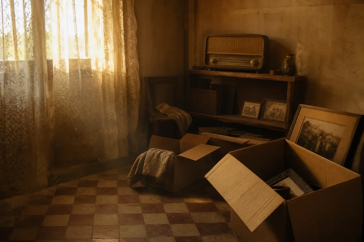 Cajas de cartón a medio empacar en una habitación iluminada por luz de tarde