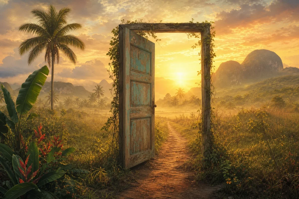 Un camino de tierra al amanecer con una puerta antigua abierta en medio del campo