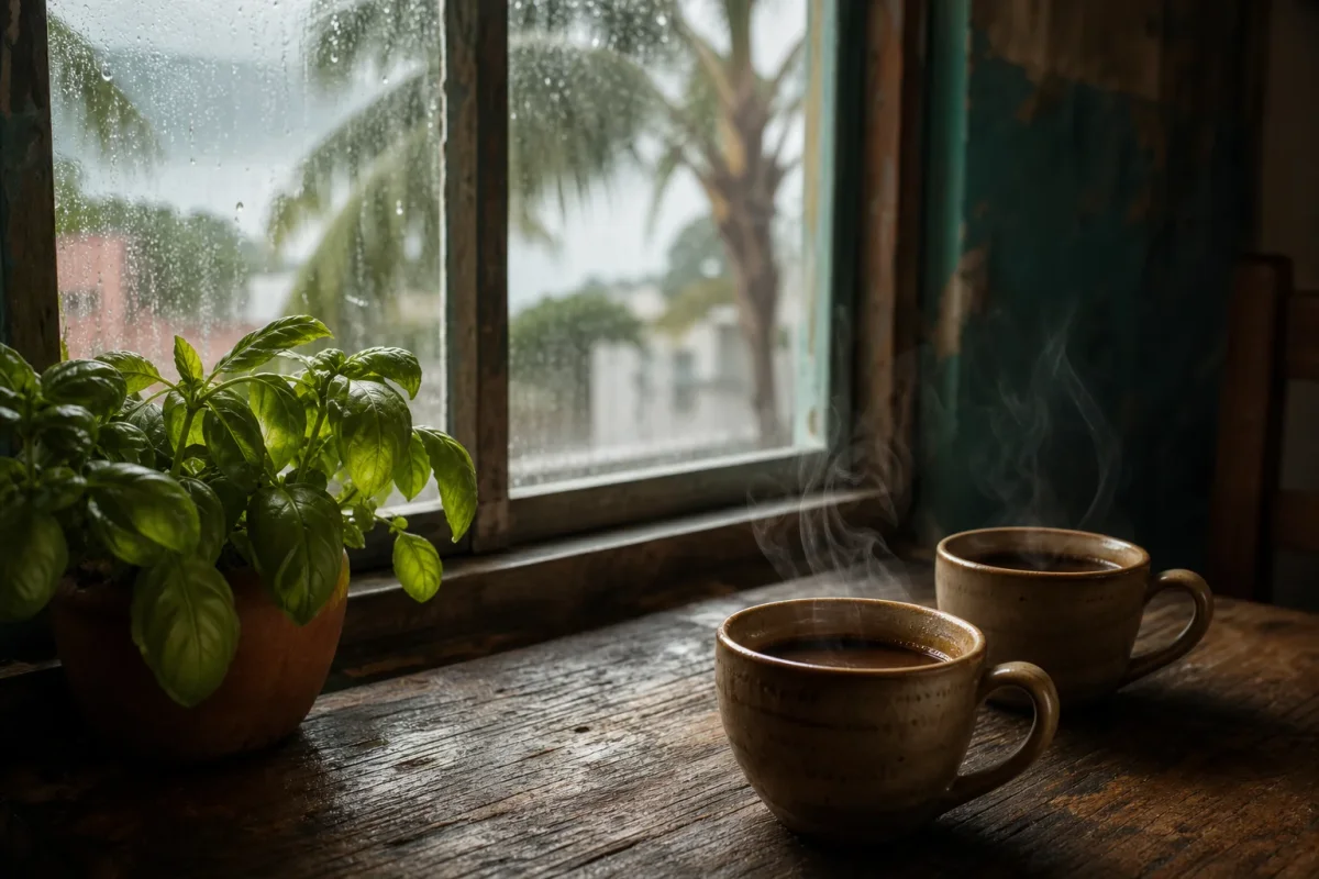Dos tazas de café sobre una mesa de madera junto a una ventana con lluvia