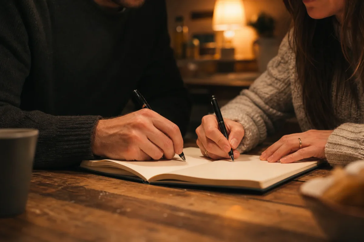 Manos de una pareja escribiendo juntas en un cuaderno sobre una mesa