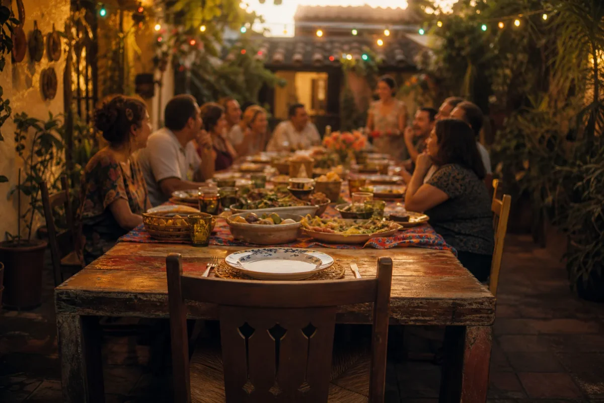 Una silla vacía en una mesa familiar llena de comida y luz