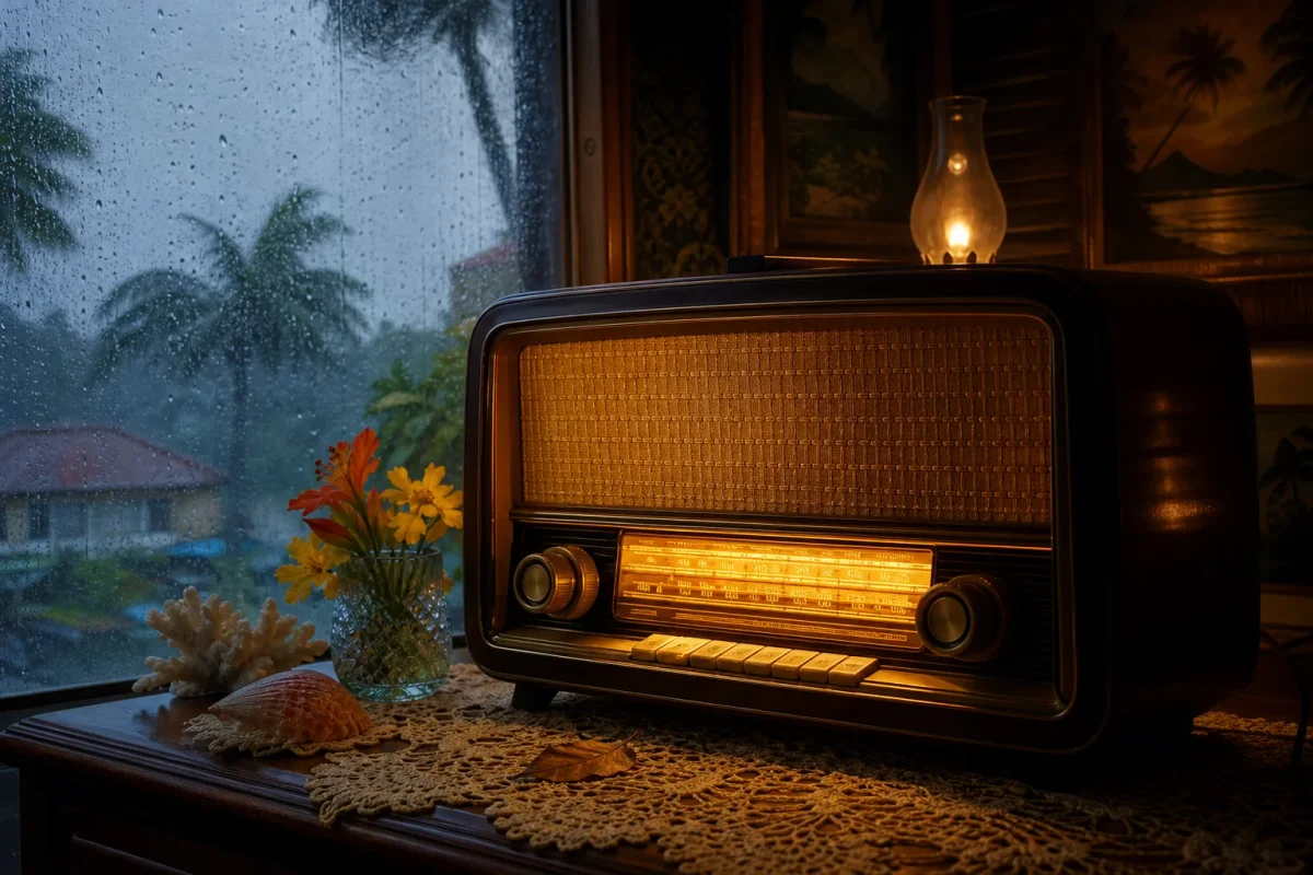 Un radio antiguo sobre una mesa junto a una ventana con lluvia