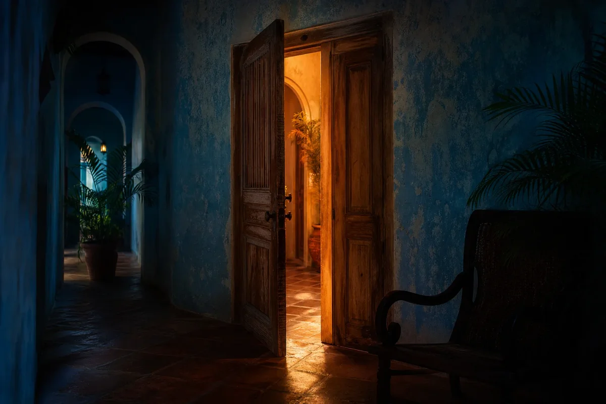 Puerta entreabierta con luz cálida saliendo hacia un pasillo