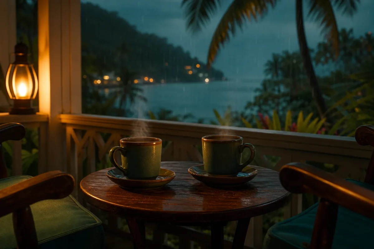 Dos tazas de café humeante en una mesa frente a frente