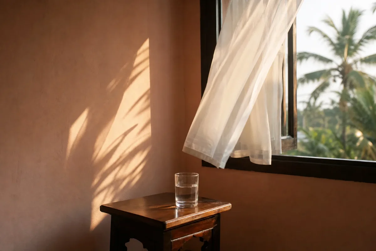 Un vaso de agua sobre una mesita junto a una ventana con cortina al viento