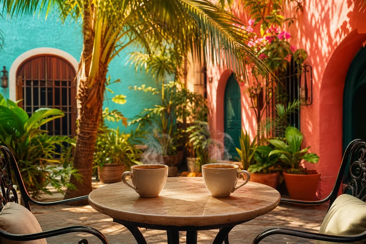 Dos tazas de café humeante frente a frente sobre una mesa en un patio caribeño