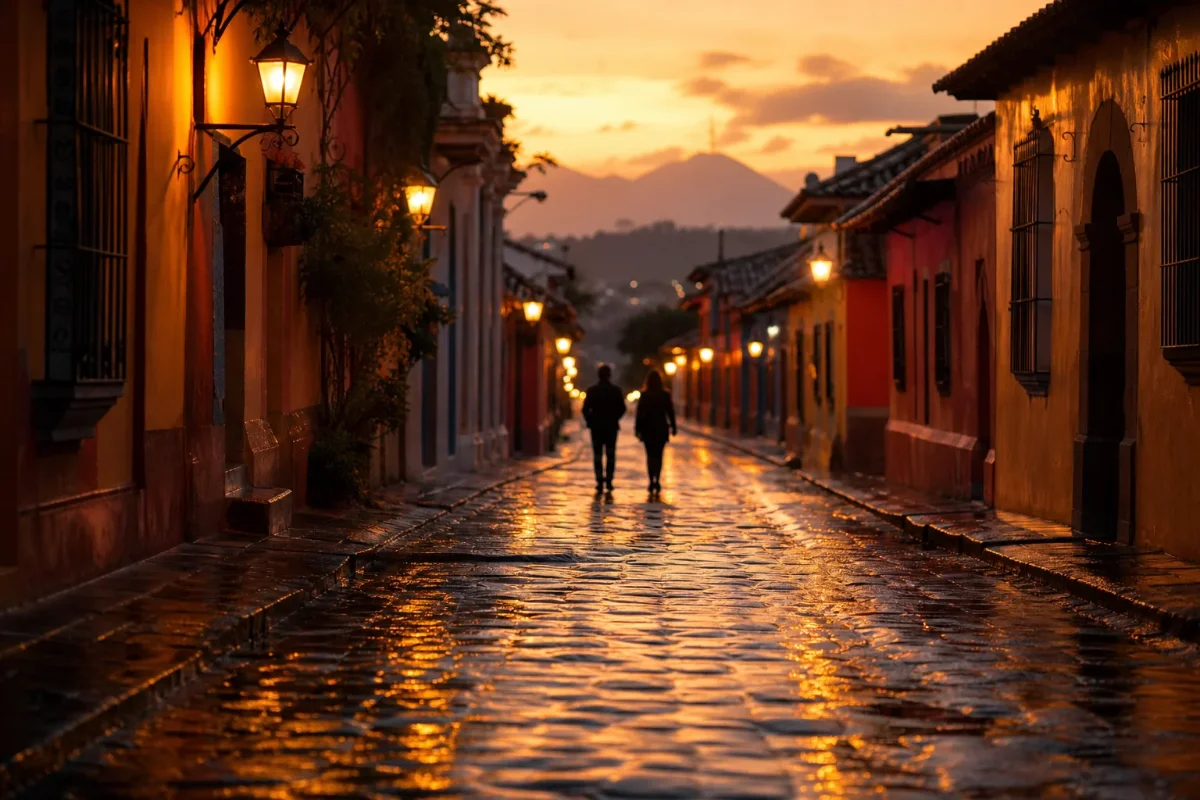 Camino de piedras mojadas por la lluvia en un pueblo al atardecer con dos siluetas caminando juntas a lo lejos