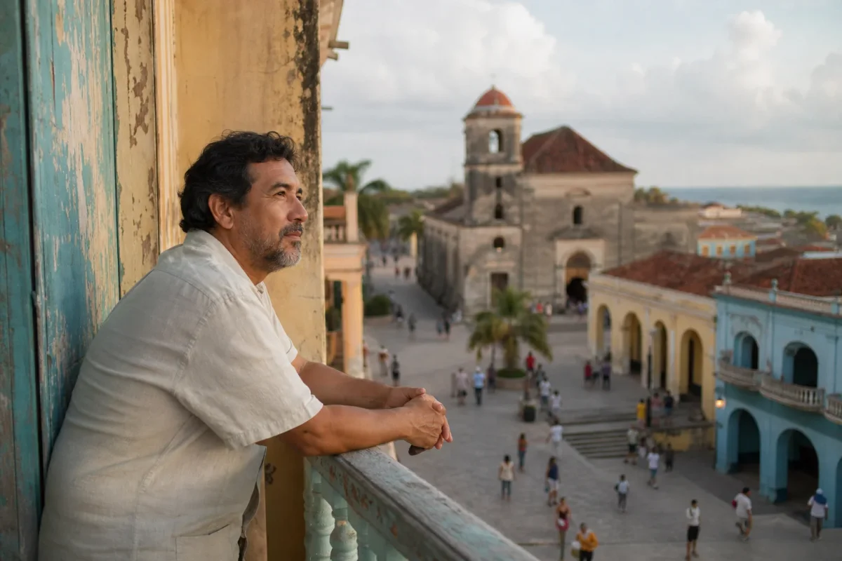 Un hombre observa sereno una plaza caribeña bulliciosa desde un balcón