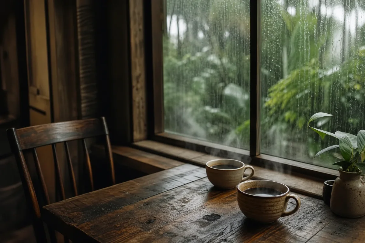 Dos tazas de café humeante sobre una mesa de madera junto a una ventana con lluvia