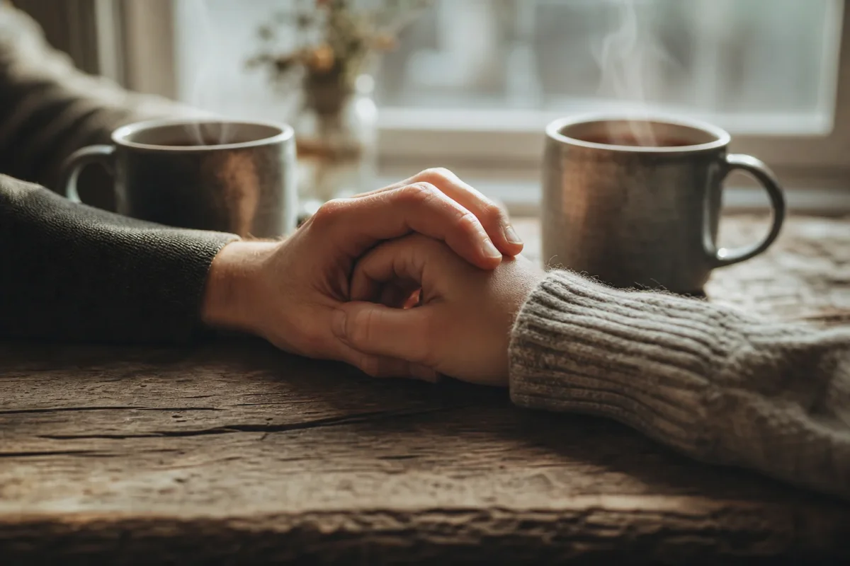 Manos de una pareja entrelazadas sobre una mesa junto a dos tazas de café, sin teléfonos a la vista