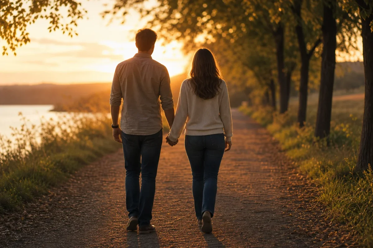 Pareja caminando de espaldas por un sendero al atardecer, tomados de la mano, sin nadie más alrededor